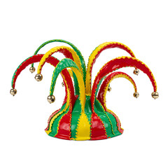 Colorful jester hat with bells on white background Perfect for carnival themes and celebrations