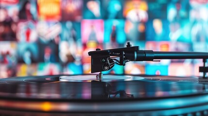Close-up of a vinyl record spinning on a turntable, symbolizing music collection and nostalgia, with blurred album covers in the background. Music and retro concept.