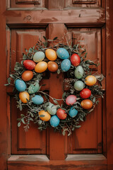 Obraz premium Colorful Easter egg wreath decoration on a wooden door during spring season