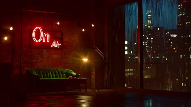 Nighttime cityscape view from a recording studio with a green velvet couch, neon "On Air" sign, and rain, Seamless looping time lapse animation video background, lo-fi art.
