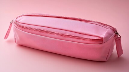 Pink Pastel Makeup Bag Or Pencil Case Isolated On A Pink Background. Minimalistic Style, Top View.