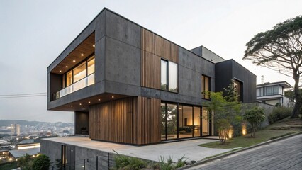 Fototapeta premium Anthracite House: Modern Architecture, Dark Cladding, Wood Accents, Minimalist Design, Contemporary Residence with Striking Facade.