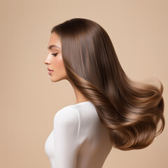 Side profile of a woman with long, flowing, shiny brown hair on a beige background