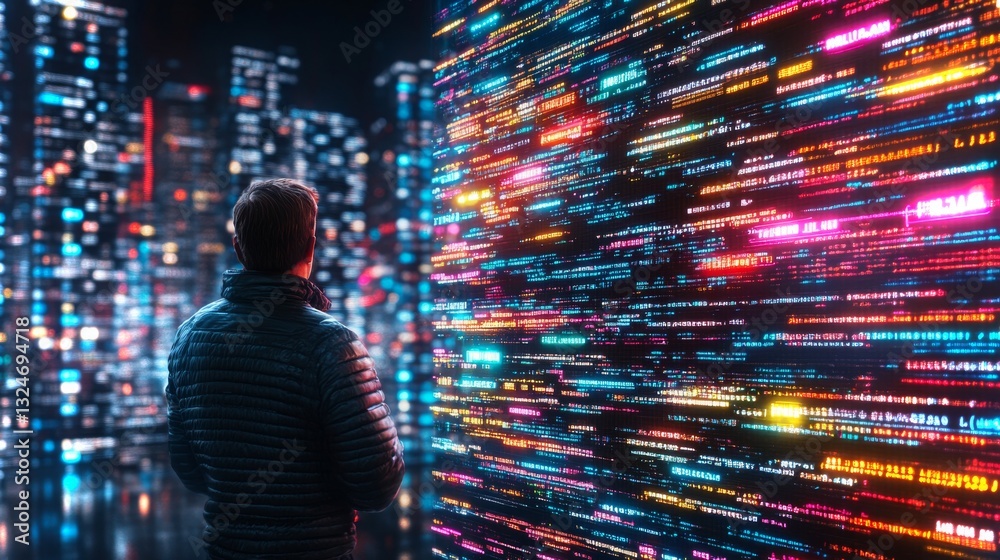 Poster exploring a vibrant cityscape illuminated by digital data and animated visuals in futuristic setting