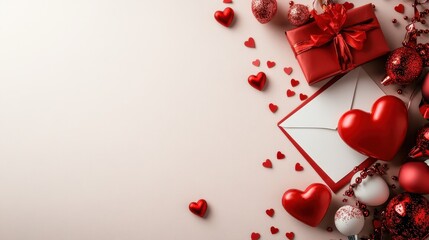 An appealing arrangement of romantic elements, including shiny red gifts, hearts, and a white envelope, designed to convey love and affection for special occasions like Valentine’s Day.