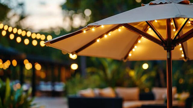 Outdoor patio at twilight, illuminated by string lights and umbrella