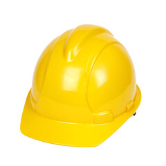 Bright yellow hard hat for construction workers Sturdy plastic maximum head protection Isolated on white