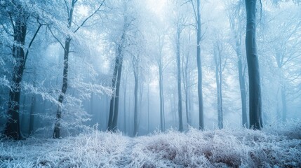 Naklejka premium A scenic view of a frosted forest in a misty winter season