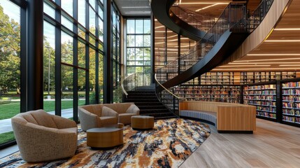 Explore a visually stunning, bright and spacious well-organized library with study cubicles, modern academic setting, featuring a striking spiral staircase and ample natural light Perfect for study