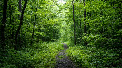 Obraz premium Lush Green Forest Path With Sunlight Filtering Through Tree Canopy Creating Tranquil Atmosphere