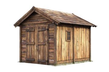 Rustic wooden shed with a charming window nestled in a lush green landscape under clear skies isolated on transparent background