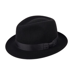 Stylish black bowler hat with a sleek ribbon band on a crisp white background