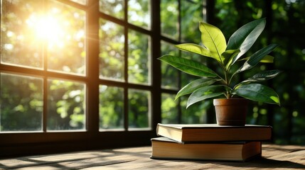 A lush plant placed on a stack of books illuminated by golden sunlight streaming through the window, creating a calming and inspiring indoor atmosphere perfect for reading.