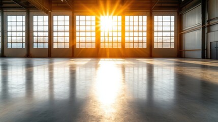 Radiant sunlight pours into a warehouse, illuminating the floor and creating a warm, inviting atmosphere that highlights the space's industrial charm.