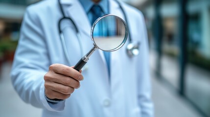 Close-up portrait of a dermatologist in a white coat, holding a magnifying glass, clinic background