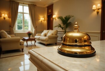 Elegant hotel lobby lounge with gold bell on marble counter in classic decor setting