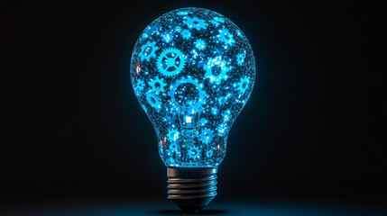Abstract light bulb with gears inside. Innovation, creativity, business technology idea concept in dark blue. Digital vector wireframe looks like starry sky. Low poly glowing mesh with connected dots