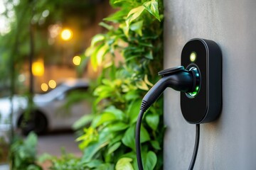 Electric car charging station in urban green setting with blurred vehicle