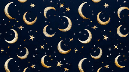 Golden Crescent Moons And Stars On A Dark Blue Night Sky Background Digital Art Illustration