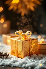 Glistening Gold Holiday Gift Box Surrounded by Soft White Snow and Warm Ambient Lights