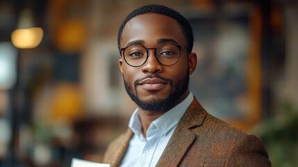 Fototapeta premium Close-up portrait of a marketing expert in smart casual attire, holding a presentation board, office background