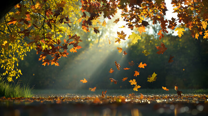 Golden Autumn Sunlight Rays Through Falling Leaves in a Forest with Foggy Water Below