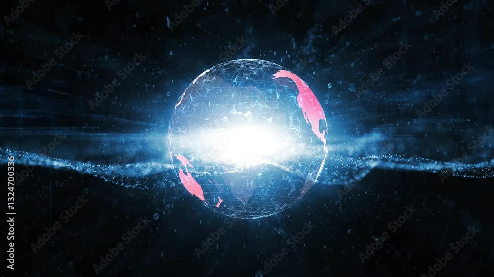 Poster dark blue abstract waves with white red earth planet loop animation.