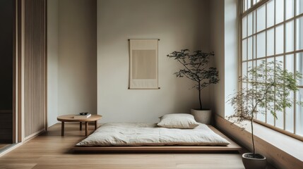 Obraz premium A minimalist bedroom features natural light and wooden furnishings inside