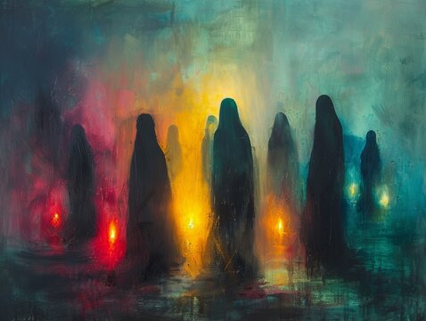Abstract representation of the parable of the ten virgins with lamps in soft night tones and glowing light