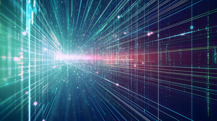 Abstract Digital Data Stream Tunnel with Bright Blue and Green Lines and Light Effects in Futuristic Design