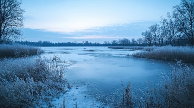 Frozen marshland landscape with trees and overcast sky in wintertime
