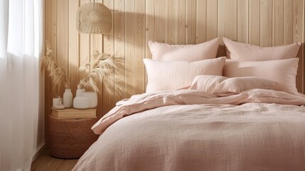 Fototapeta premium A cozy bedroom with a bed and decorations in soft tones