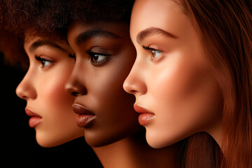 Portrait of beautiful young women, girls of different nationalities with dark hair, palette in the color Pantone 17-1230 Tcx Mocha Mousse Color #A47864 and its other shades