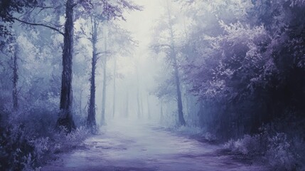 Obraz premium A foggy forest path surrounded by tall trees and brush