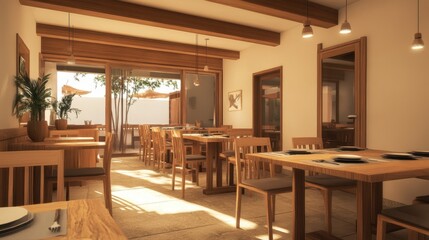 Modern dining area featuring wooden furniture and bright natural lighting