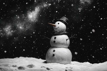 Fototapeta premium Stars fall gently over a whimsical snowman in a winter wonderland setting, stars falling over snowman