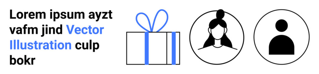 Gift box with blue ribbon, female avatar with ponytail, and generic user icon in circles. Ideal for user interface design, profile pictures, social media, online gifts, avatars, identity
