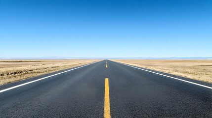 Naklejka premium Straight Asphalt Road Leading To Horizon Under Clear Blue Sky in Desert Landscape