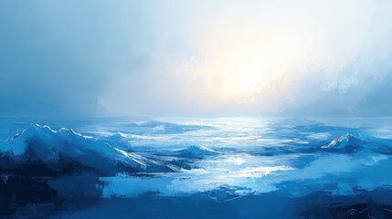 Fototapeta premium An artistic painting portraying snow covered mountains in wintertime settings