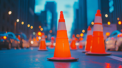 AI generator image of construction zone warning cones illuminated by warm evening light, emphasizing road safety, depth of field, and urban traffic flow