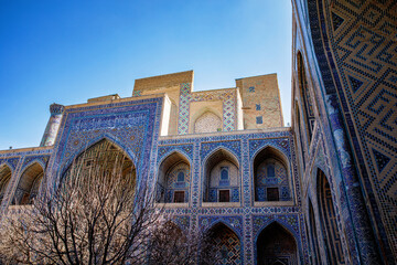 Part of Registan Square in Samarkand, Uzbekistan, a historic architectural ensemble featuring three...