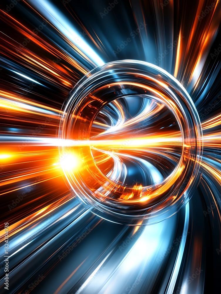 Poster dynamic light trails converging within abstract metallic framework