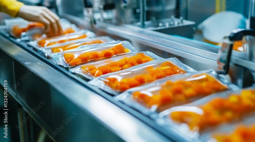 Poster a production line uses artificial intelligence to package fresh ingredients into sealed containers. 