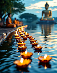 tranquil riverside Vesak ceremony, devotees release glowing lotus candles onto the water as an offering, monks chant in the background, and a giant Buddha silhouette is reflected in the moonlit river