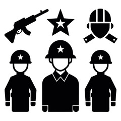 A simple, black and white graphic illustration of three military personnel in silhouette.