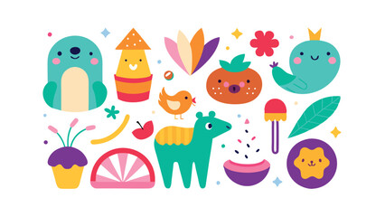 Naklejka premium Cute Cartoon Animals, Fruits, Plants, and Festive Elements Collection