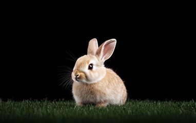 Obraz premium Adorable Brown Bunny Rabbit on Green Grass Against Black Background