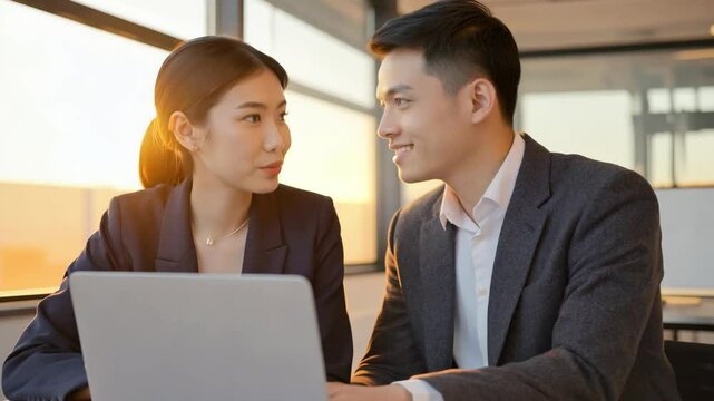 Two Asian busy professionals man and woman business executives checking document working together on laptop in office. Financial advisor manager lawyer and investor discussing corporate project at mee