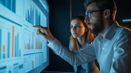 A team of managers analyzing supplier performance data on a screen