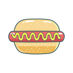 Cartoon hot dog in a bun with mustard